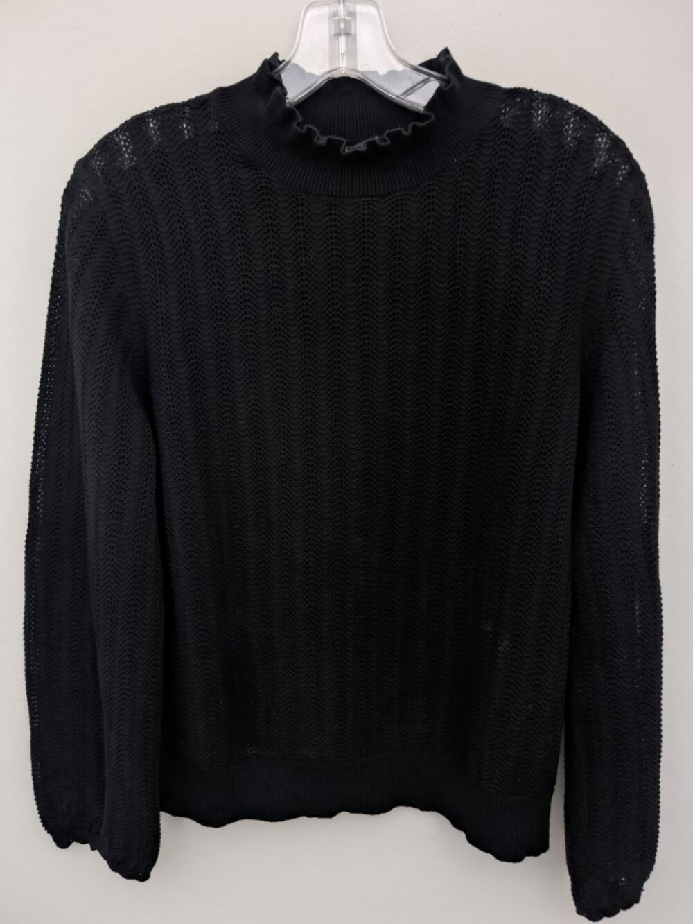 J.Crew Women's Black Pointelle Knit Ruffle Mock Neck Sweater | Size L